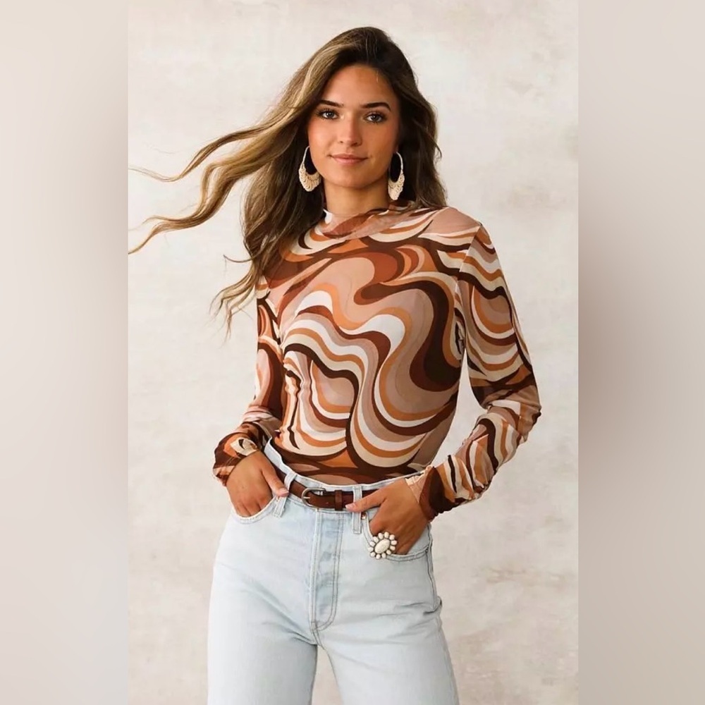 Willow & Root Retro Swirl Mesh Top Small Mock Neck Sheer Y2K 70s Inspired